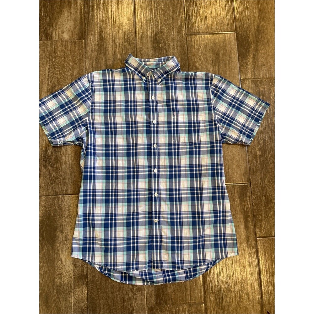 Izod Men's Short Sleeve Dress Shirt Blue, Pink, Teal Plaid Cotton Blend Size XL